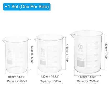 PATIKIL 500/1000/2000ml Low Form Glass Beaker, 3Pcs 3.3 Borosilicate Glass Beakers Graduated Measuring Cup with Spout for Lab Experiment, Cooking and Baking, Clear - size: 500/1000/2000ml