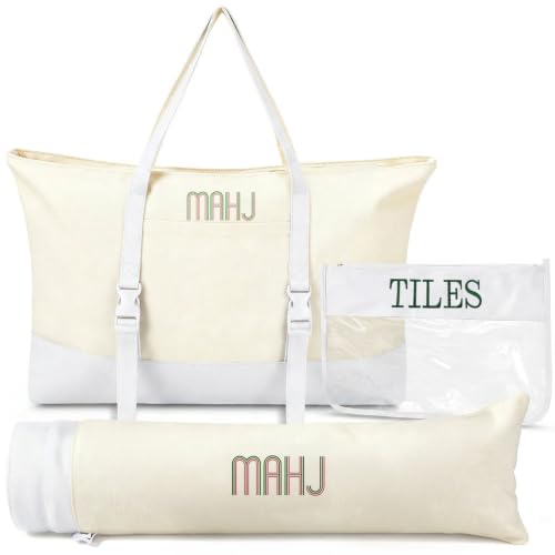 Mahjong Bag Storage Carrying Case for Tiles with Shoulder Strap (Beige) | 3-Bag System, External Mat Strap, Large Capacity, Lightweight Canvas, Reinforced Stitching, Fast Packing. - color: Beige