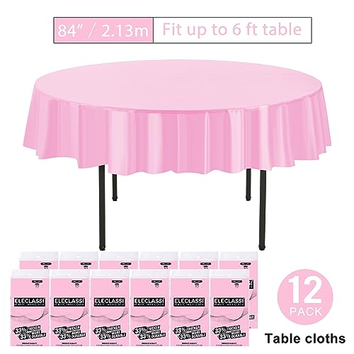 Eleclassi Pink 12 Pack Premium Round Disposable Plastic Tablecloth - 84 Inch Round Plastic Table Cloth Disposable Tablecloth for Parties - color: Pink, size: 12 Pack Round