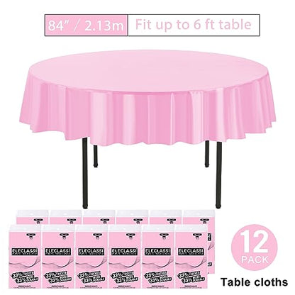 Eleclassi Pink 12 Pack Premium Round Disposable Plastic Tablecloth - 84 Inch Round Plastic Table Cloth Disposable Tablecloth for Parties - color: Pink, size: 12 Pack Round
