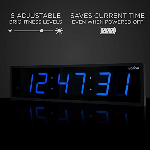Ivation Oversized Digital Wall Clock with Large LED Display & Timer, 24" | Multi-function with Timer, Stopwatch, Alarms, Temp & Date, Aluminum frame, 6 Brightness levels, Time memory, Remote | Blue - color: Blue, size: 24" Inch