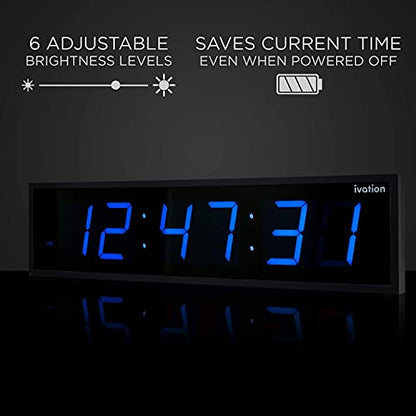 Ivation Oversized Digital Wall Clock with Large LED Display & Timer, 36" | Multi-function with Timer, Stopwatch, Alarms, Temp & Date, Aluminum frame, 6 Brightness levels, Time memory, Remote | Blue - color: Blue, size: 36" Inch