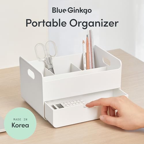 BLUE GINKGO Portable Desk Organizer, White, Made in Korea | 3 Compartments. Half Drawer. Everyday Storage. - color: WHITE, size: Portable
