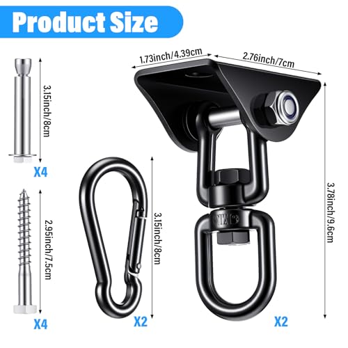 2 Pcs Swing Hanging Kit, Heavy Duty 2000 LB Capacity 360 Degree Rotating Hangers, Hardware for Porch Swing, Hammock, Chair, Yoga, Playground, Indoor and Outdoor Use, Black