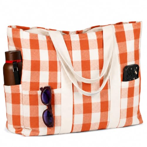 Folkulture Beach Tote Bags For Women, Beach Must Haves 2026-18x15 Inch | Waterproof,Sandproof, Large Tote Bags for Women, Swimming Pool, Beach Essentials, Simple Modern Pool Bag, Bolsos Para Mujeres - color: Rust - Checkered
