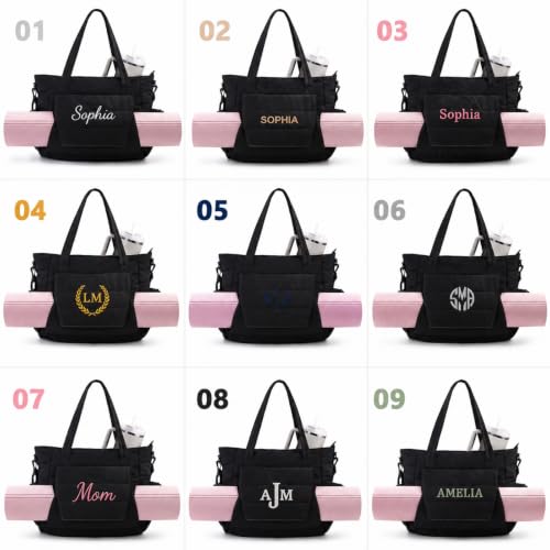 Yoga Tote Bag for Women with Yoga Mat Holder & Luggage Sleeve, Large Pilates Gym Bag with 16" Laptop Compartment, Lightweight Puffer Quilted Travel Tote with Water Bottle Pockets for Work - color: Black, size: Personalized