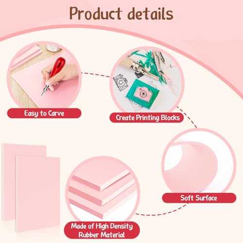 Gilprop 10 Pcs Pink Rubber Block 8 x10 x 0.25 Inch Linoleum Carving Block Stamp Making Kit Soft Rubber Carved Brick for Printmaking Stamp DIY Craft Project Printing