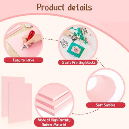 Gilprop 10 Pcs Pink Rubber Block 8 x10 x 0.25 Inch Linoleum Carving Block Stamp Making Kit Soft Rubber Carved Brick for Printmaking Stamp DIY Craft Project Printing