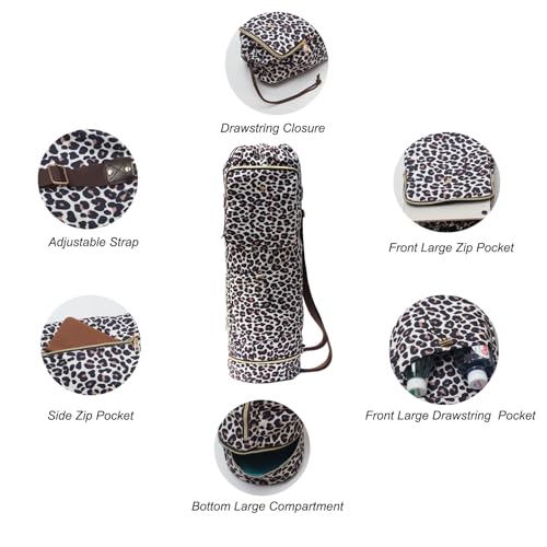 ESVAN Yoga Mat Bag with Multi Pockets Drawstring Yoga Mat Carrier Pilates Exercise Multi-Functional Storage Bag - color: Canvas Leopard Print