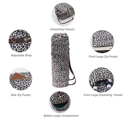 ESVAN Yoga Mat Bag with Multi Pockets Drawstring Yoga Mat Carrier Pilates Exercise Multi-Functional Storage Bag - color: Canvas Leopard Print