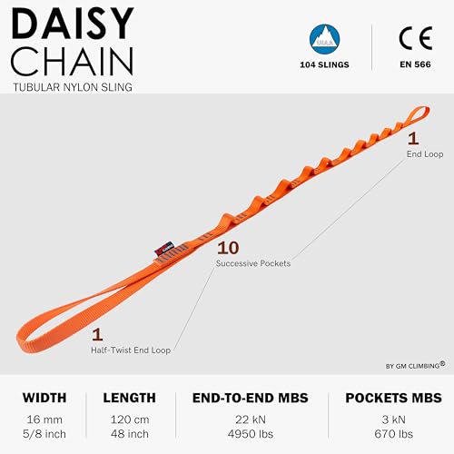 GM CLIMBING 16mm Nylon Daisy Chain Sling 22kN 120cm / 48in CE UIAA Certified for Leading Aid Climb Ascender Rigging Hammock Suspension - color: Orange | 1 Pack