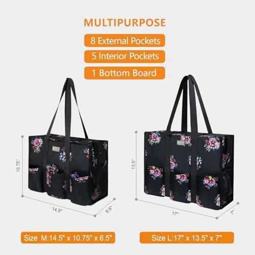 TOPDesign Utility Water Resistant Tote Bag with 13 Pockets, Zipper Closure - color: Blooming Flower, size: Medium