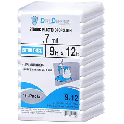 Dirt Defence Plastic Drop Cloth, 9x12 Ft 10 Pack Plastic Sheeting for Painting, Waterproof & Dust-Proof,Tear-Resistance Tarp for Painting, Floor, Furniture Cover Thick & Durable (10 PCS)