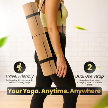 Cork Yoga/Excercise Mat with Carrying Strap | 72in x 26in | 5mm Thick | Luxury | Eco-Friendly | Non-Slip & Water Absorbent | Alignment and Pose Markers | Laser Engraved Design | Pilates