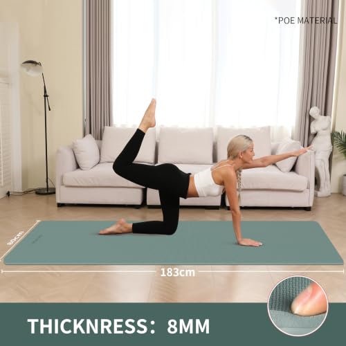 Extra Wide & Thick 8mm Yoga Mat, 72"x31.5" | Large Non Slip Exercise Mat, Premium POE Material, Superior Cushioning & Stability, With Strap for Home Gym, Pilates - color: Dark Green