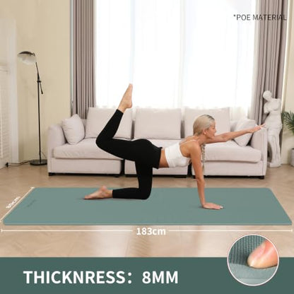 Extra Wide & Thick 8mm Yoga Mat, 72"x31.5" | Large Non Slip Exercise Mat, Premium POE Material, Superior Cushioning & Stability, With Strap for Home Gym, Pilates - color: Dark Green
