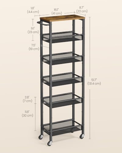 VASAGLE 6-Tier Slim Rolling Storage cart with Wheels, Metal - color: Rustic Brown + Matte Black, size: 6 Tiers (8.7"D x 51.7"H)
