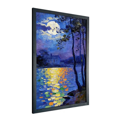Seaofcity Moonlit Lake Landscape Wall Art, Framed Wall Art for Living Room, Night Blue Scene with Moon Reflection and Distant Cabin, Oil Painting on Canvas, Black Wood Frame, 12" W x 16" L - color: Moonlit Water Lilies, size: 16"l X 12"w