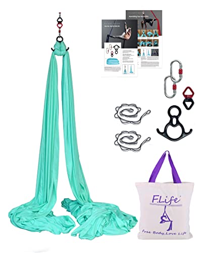 F.Life Aerial Silk 10 Yards Kit Durable Aerial Yoga Hammock with Hardware & Guide Aerial Swing for Acrobatic Flying Yoga - color: Turquoise