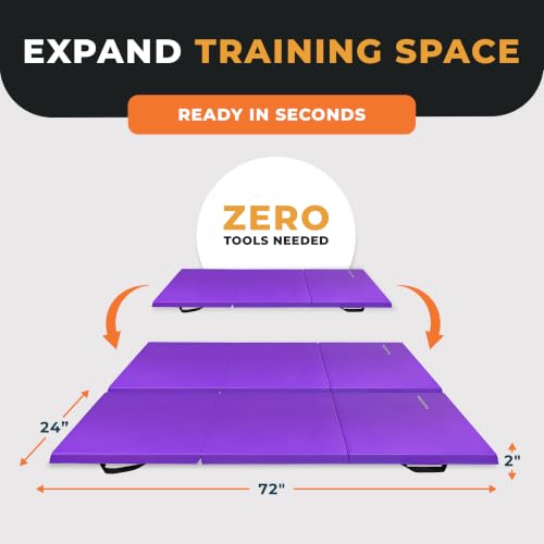 BalanceFrom 6x2 Feet 3-Panel Folding Gymnastics Mat – 2-Inch Thick Pad with Vinyl Surface and Carrying Handles for Tumbling, Yoga, Pilates, Home Workouts, and Martial Arts - color: Purple