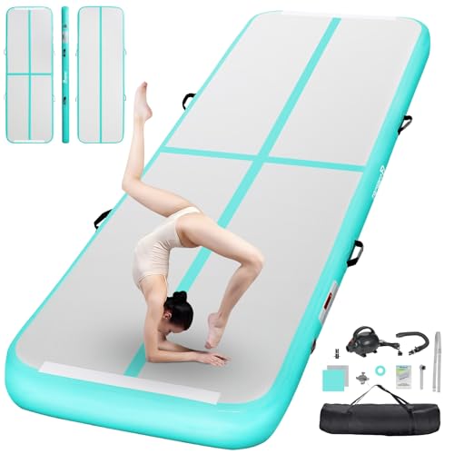 FBSPORT Inflatable Air Gymnastics Mat Training Mats 4/8 inches Thickness Gymnastics Tracks for Home Use/Training/Cheerleading/Yoga/Water with Pump - color: light green, size: 10ft*3.3ft*4in(3*1*0.1m)