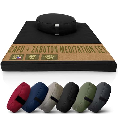 Meditation Cushion Mat Set HEMP - Oval Zafu Floor Pillow Organic Buckwheat Pillow + Cotton Filled HEMP Zabuton Prayer Pad - Meditation Pillow Yoga Knee Pad - Made in USA - 18" Oval, BLACK HEMP Hemp - color: Black - Hemp, size: Oval Combo