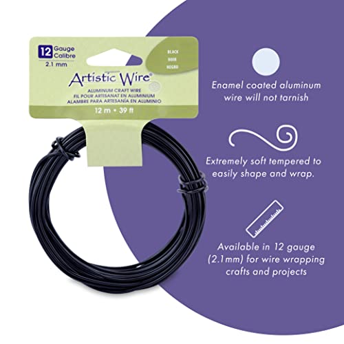 Artistic Wire Aluminum Craft Wire, 12 Gauge - Bendable, Floral, Armature, Sculpture, Jewelry Making, Round, Black, 39.3 ft - color: Black