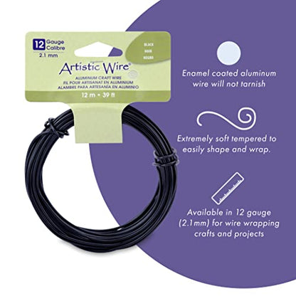 Artistic Wire Aluminum Craft Wire, 12 Gauge - Bendable, Floral, Armature, Sculpture, Jewelry Making, Round, Black, 39.3 ft - color: Black