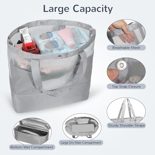 Mesh Tote Beach Bag with Leakproof Wet Compartment - color: Grey