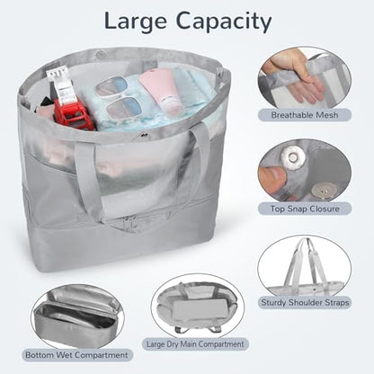 Mesh Tote Beach Bag with Leakproof Wet Compartment - color: Grey