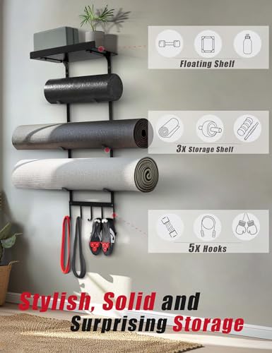 Yoga Mat Holder Wall Mount, Home Gym Storage Rack with Top Floating Shelf, 4-Tiers Holding Yoga Mat/ Blocks/ Rollers and Decorations, 5 Hooks for Resistance Bands, Skipping-Rope, Small Gym Equipment