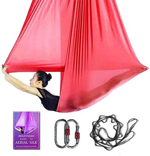 Aerial Yoga Hammock L:5M W:2.8M 5.5 Yards Aerial Pilates Silk Yoga Swing Set with 2000 Ibs Load Include Daisy Chain, Pose Guide - color: Red