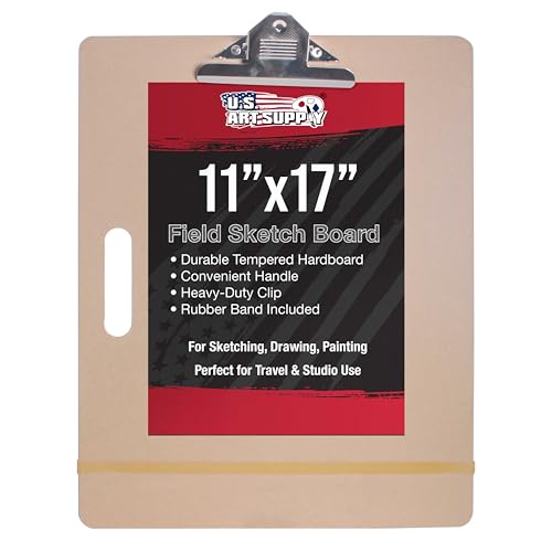 U.S. Art Supply 11" x 17" Artist Sketch Tote Board - Lightweight Hardboard | Drawing Board with Handle, Clip & Rubber Band for Art, Sketching, Travel, Studio - size: 11" x 17"