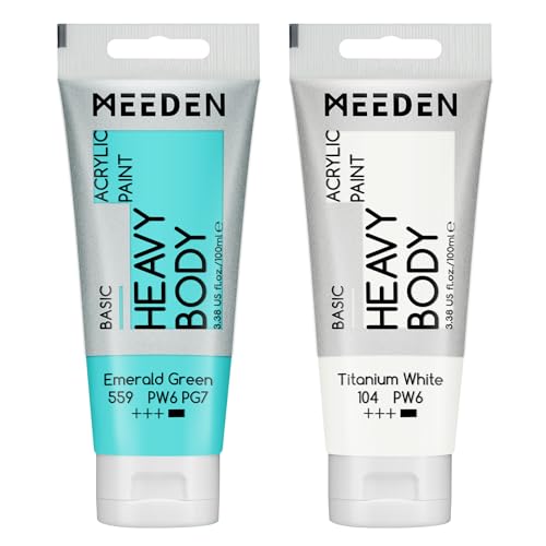MEEDEN Acrylic Paint Emerald Green: 100ml/3.38oz x 2 with Titanium White | Heavy Body Artist Acrylic Paint Set for Canvas, Wood & Craft, Non-toxic Creamy Art Paint with Titanium White for Mixing - color: Emerald Green, size: 2 Tubes