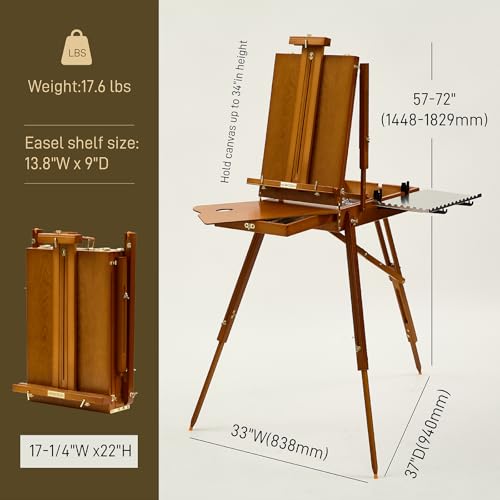 ATWORTH French Easel for Painting, Deluxe Beech Wooden Field & Studio Sketchbox Easel Stand with Metal Side Tray, Portable& Easy Transport for Painting Outdoor, Holds Canvas up to 34"- Light Walnut - color: light walnut