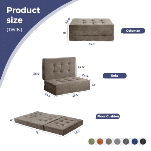 MAXYOYO 6" Folding Sofa Bed for Floor, Tufted Tri-Fold Floor Mattress | Twin Size Portable Sofa Couch Guest Mat with Chenille Fabric for Adults, Foldable Topper for Camping, Brown, Twin - color: Brown, size: Twin