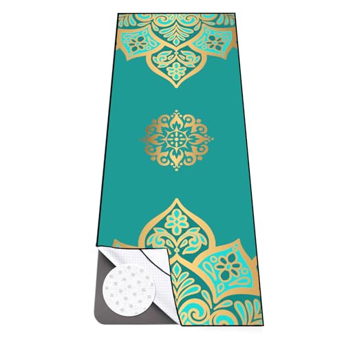 Hot Yoga Towel with Grip Dots, Non Slip, 70"x26, Turquoise Gold Mandala | Sweat Absorbent Yoga Mat Towel, Portable with Travel Bag, Catching Eyes Design, For Hot Yoga, Bikram, Pilates and Fitness - color: Turquoise Gold Mandala, size: 70" x 26"
