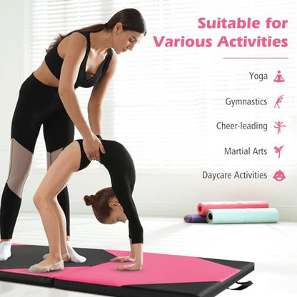 Giantex 4'x10'x 2" Gymnastics Mat, 4-Panel Folding Aerobics Exercise Mat w/Hook & Loop Fastener, Carrying Handle, Portable Tumbling Mat for Stretching Yoga Cheerleading Martial Arts - color: Rose/Black