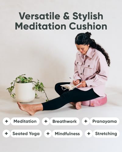 Mindful Modern Velvet Meditation Cushion | Luxe Zafu Yoga Floor Pillow Seat | Posture Support | Buckwheat Hull Filled | Large Round Cushion with Removable Washable Cover + Carry Handle - color: Blush Pink