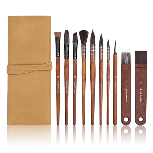 10 Pieces Paint Brush Set, Artist Series, Nylon Bristles with Round, Flat, Fan, Angle, Detail Brush, Suitable for Artists and Beginners for Acrylic Painting, Oil, Watercolor, Gouache(Brown) - color: Brown
