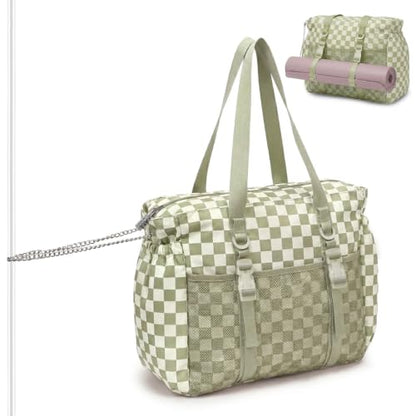 Omanmoli Beach Bag for Women Large Waterproof Sandproof Tote 40oz Holder | Anti-theft Lock & Chain,12 Pockets,2 Insulated Foil Pockets,Checkered,Cruise Travel Vacation Picnic Pool Work Gym,Checkered - color: Beige&green