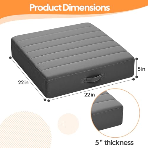 MeMoreCool 22 Inch Square Floor Pillows for Adults, 2 Pack Grey Cushions | Set of 2 grey washable tufted floor cushions, thick foam seats for yoga, meditation, den - color: Dark Grey, size: 22 Inch