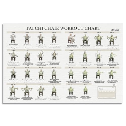 30 Day Tai Chi Chair Workout Chart Poster, Seated Exercises for Beginners and Seniors Canvas Wall Art, Adult Home Fitness Guide Wall Decor, Slow Flow Exercise Daily Movement for Gym 12x16in Unframed