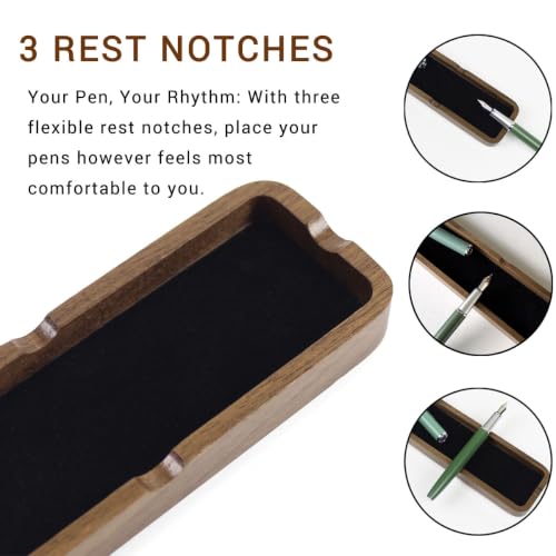 Solid Walnut Wooden Fountain Pen Tray Office Desk Display Holder Organizer | Side Pen Rest Notch, Anti-Roll Design, Soft Velvet Lining, Scratch Protection, Quick-Rest Slot