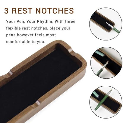 Solid Walnut Wooden Fountain Pen Tray Office Desk Display Holder Organizer | Side Pen Rest Notch, Anti-Roll Design, Soft Velvet Lining, Scratch Protection, Quick-Rest Slot