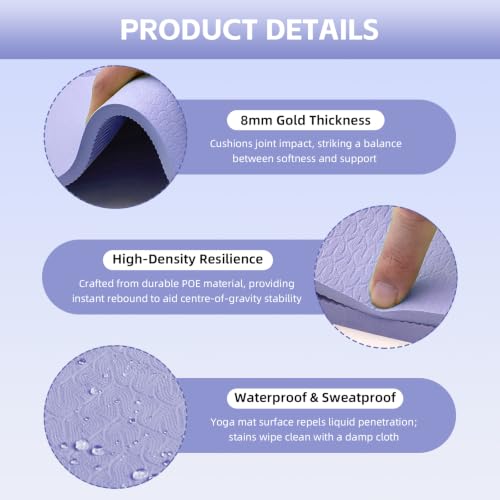 Large Yoga Mat Thick, 76"x32"x0.31"Wide POE Exercise Mat with Non-Slip Surface & Carry Strap, Anti-Tear Workout Mat for Yoga, Pilates, Fitness - color: light purple