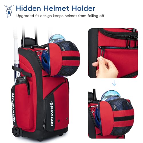 KAVIGOR Rolling Baseball Bag with Wheels, 60L Capacity Softball Bag Holds 4 Bats for Boys and Girls, Youth Equipment Bag with Shoe Compartment - color: Red