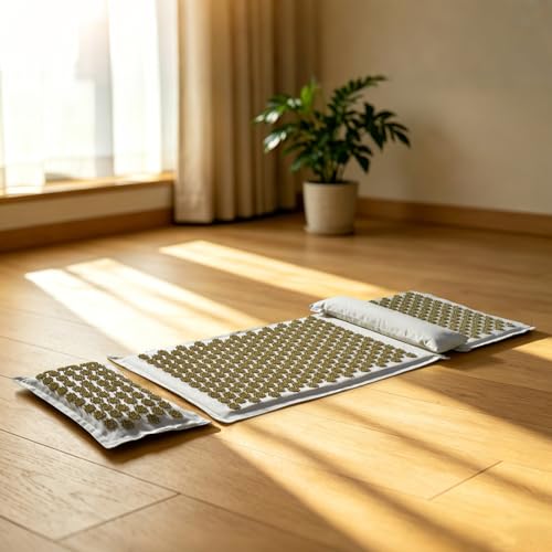 Acupressure Mat and Pillow Set — 4 Piece Full Body Set — Natural Linen & Coconut Fiber — Back Neck Pain Relief, Muscle Relaxation, Stress Relief — Includes Carry Bag