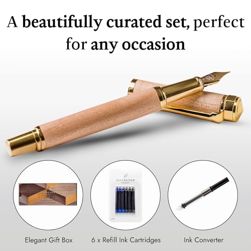 Ellington Pens Luxury Wood Fountain Pen Set – Fine Nib - Includes Wooden Pen Gift Box, Ink Converter, 6 Ink Cartridges – Wood Pen For Writing, Calligraphy, Journaling, Drawing (Maple Harmony) - color: Maple Harmony, style: Fine