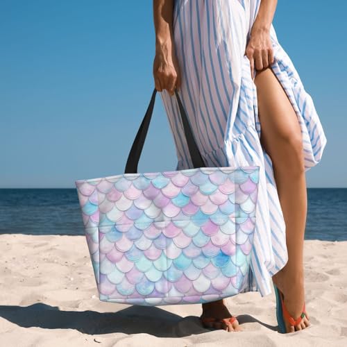 Large Beach Bag for Women Waterproof Foldable Travel Shoulder Tote Bag with Pocket for Weekender Pool Vacation - color: Fish Purple